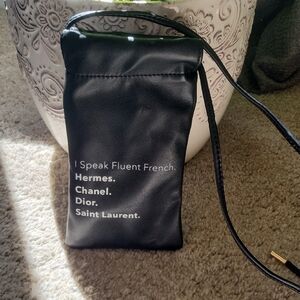 Black Crossbody Pouch with White Logo Text